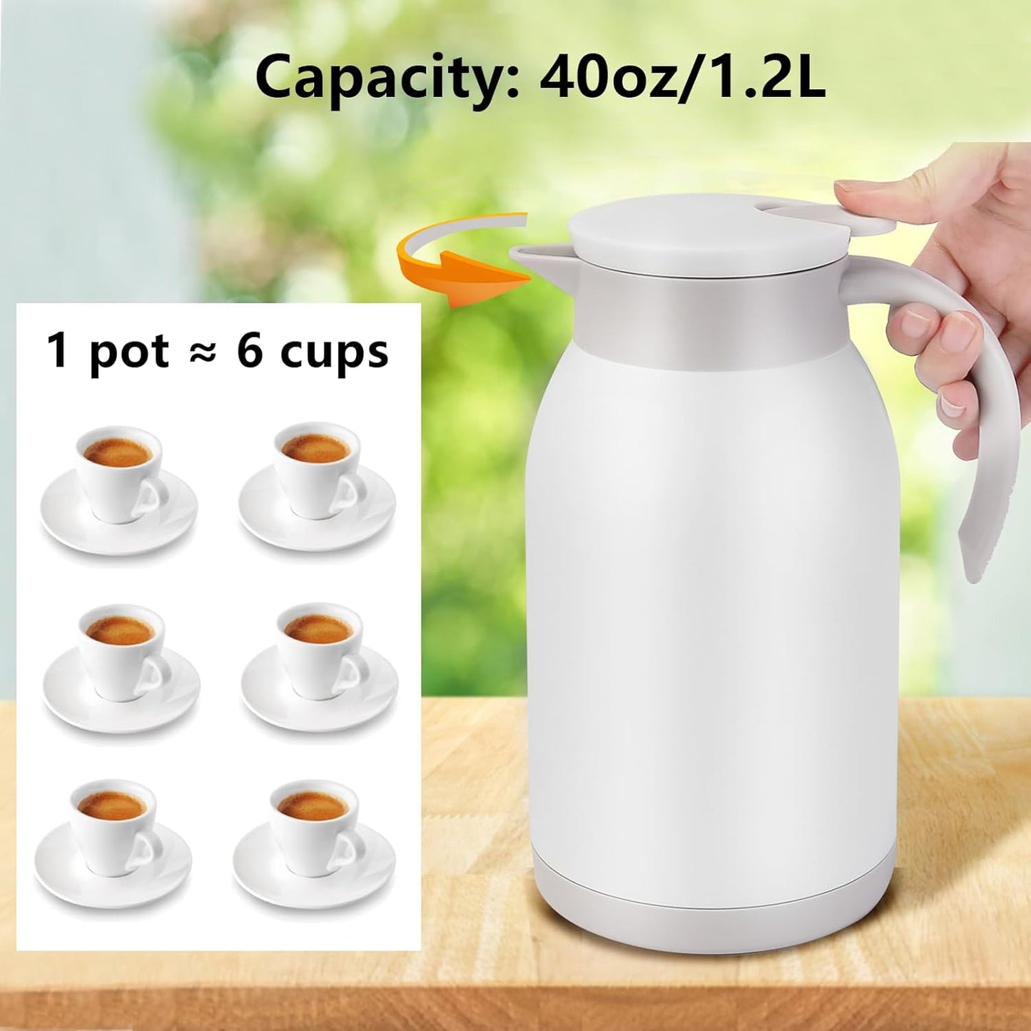 Stainless Steel Thermal Coffee Carafe Dispenser, 40oz Unbreakable Double Wall Vacuum Flask Large Capacity 1.2L Water Tea Pot Beverage Pitcher for Summer Cold Iced Coffee(White)