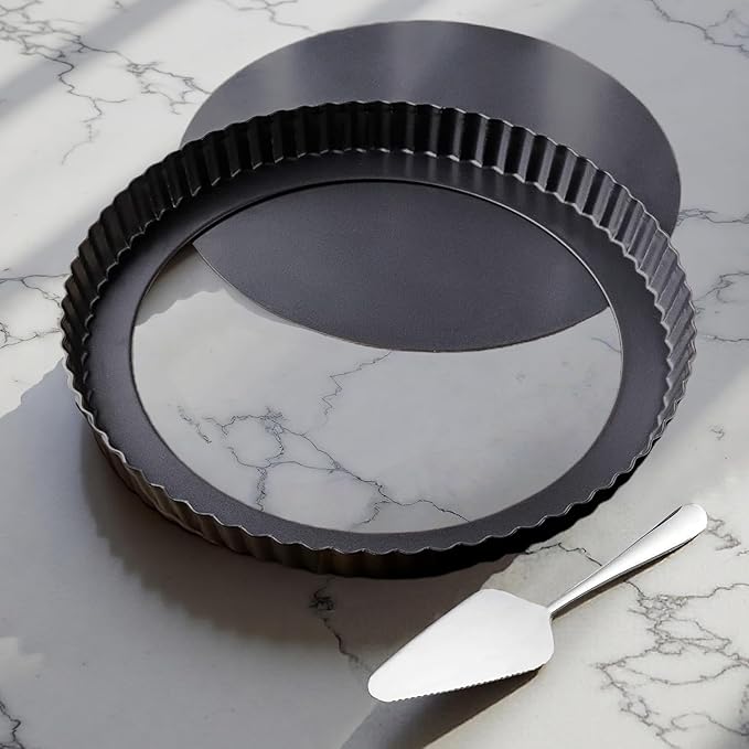 10 Inch Round Quiche Pans with Pie Server. Removable Bottom, Non-Stick Coating, Rugged Carbon Steel for Tart Quiche Pie Cake Baking. Gift for Women Wife Christmas Thanksgiving Party Festival
