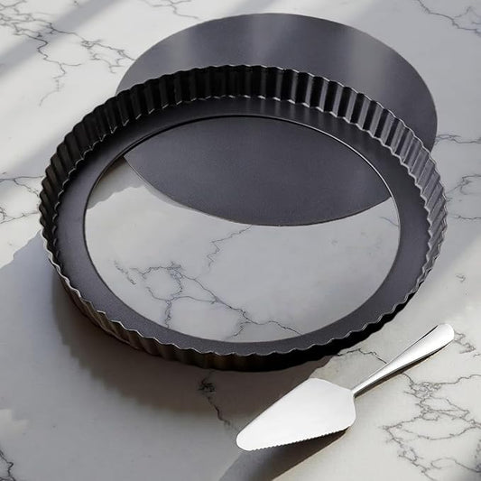 10 Inch Round Quiche Pans with Pie Server. Removable Bottom, Non-Stick Coating, Rugged Carbon Steel for Tart Quiche Pie Cake Baking. Gift for Women Wife Christmas Thanksgiving Party Festival