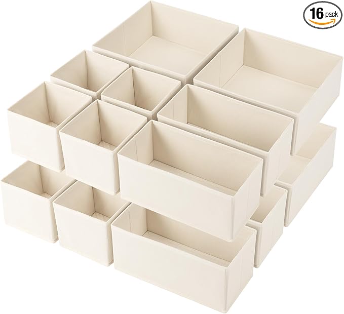 Criusia Drawer Organizer Clothes,16 Pack Underwear Drawer Organizers, Foldable Closet Organizers and Storage Dresser Drawer Dividers Clothing Organizer for Clothes, Socks, Scarves, Bra, Ties (Beige)