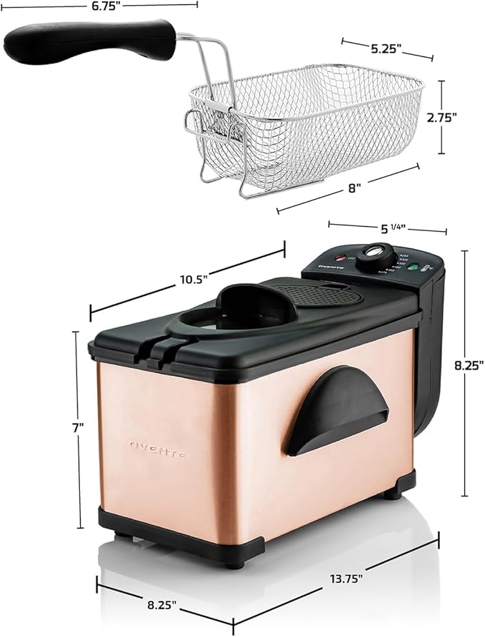 OVENTE Electric Deep Fryer 2L Capacity, Lid with Viewing Window, Adjustable Temperature, Removable Frying Basket & Cool Touch Handle, 1500W Power, Easy to Clean Stainless Steel Body, Copper FDM2201CO