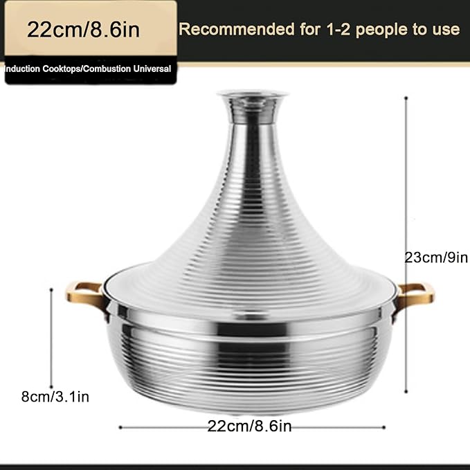 Stainless Steel Moroccan Tagine Pot, Large Moroccan Tajine Casserole with Cone-Shaped Lid, Non Stick Tagine Cooking Pot with 2 Handles(22cm/8.6in, Silver)
