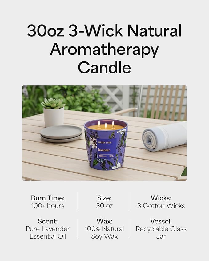 Extra Large Lavender Scented Candle, 30oz,3 Wick Natural Soy Wax Candle for Home, 100 Hours Long Lasting Clean Burn, Essential Oil Aromatherapy for Stress Relief, Sleep & SPA, Large Jar Candle Gift