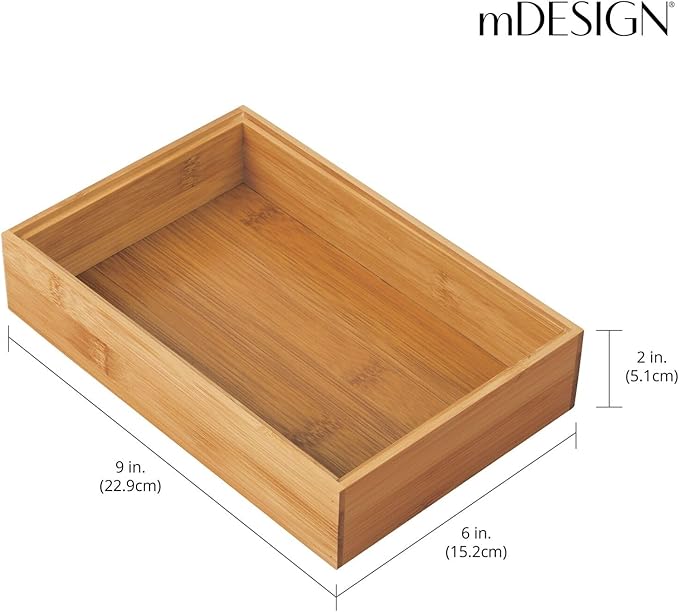 mDesign Bamboo Kitchen Cabinet Drawer Organizer Stackable Tray Bin - Eco-Friendly, Multipurpose - Use in Drawers, on Countertops, Shelves or in Pantry - 9" Long, 4 Pack - Natural Wood Finish