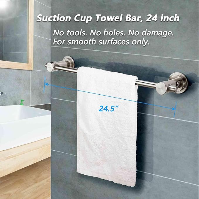 BOPai 24 inch Suction Cup Towel Bar – No Drill, for Smooth Surfaces Only, Brushed Nickel
