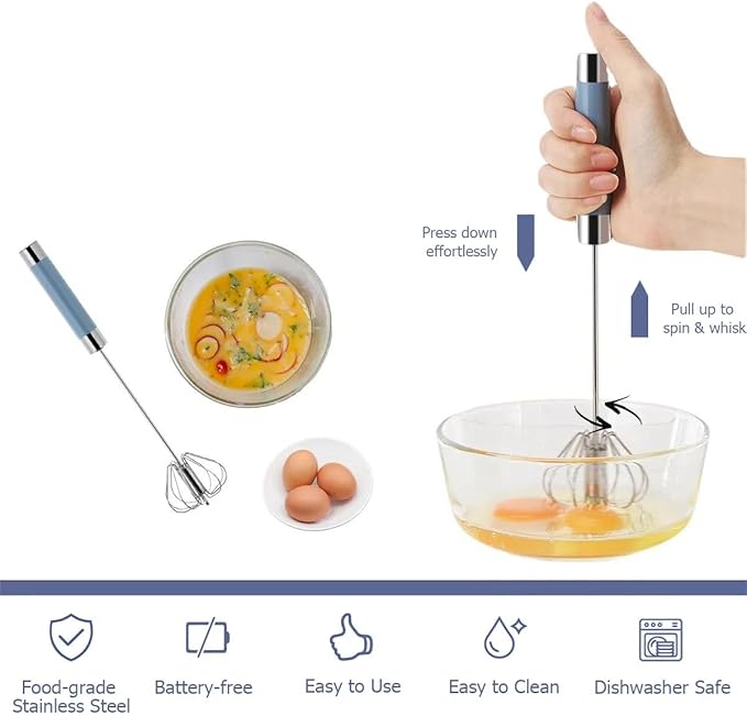 2 Pack Semi Automatic Whisk, Stainless Steel Mini Hand Push Whisks for Cooking, Easy to Use Egg Beater Tool for Cooking, Whisking, Beating, Stirring