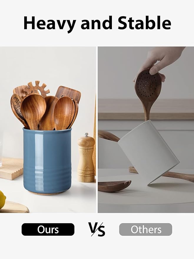Utensil Holder, 6.7" Ceramic Kitchen Utensil Crock for Countertop Cooking, Modern Utensil Caddy Jar Organizer for Farmhouse Kitchen Counter Décor, Blue