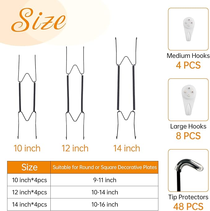 Bilillo 12 Pieces 10/12/14 Inch Stainless Steel Plate Hangers for The Wall, Invisible Heavy Duty Wire Plate Holders with 12 Pieces Wall Hooks for 9 to 16.5 Inch Decorative Plates and Arts (Black)