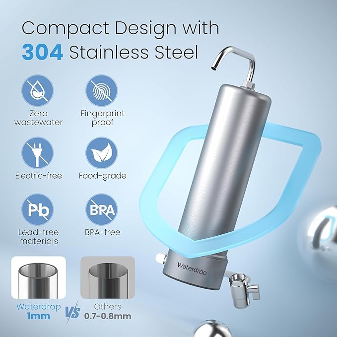 Waterdrop CTF-03 Alkaline Water Filter for Sink Faucet, NSF/ANSI 42 Certified Countertop Water Filter System, 5-Stage Stainless Steel Faucet, Reduces 99% Chlorine, 8000 Gallons, 1 Filter