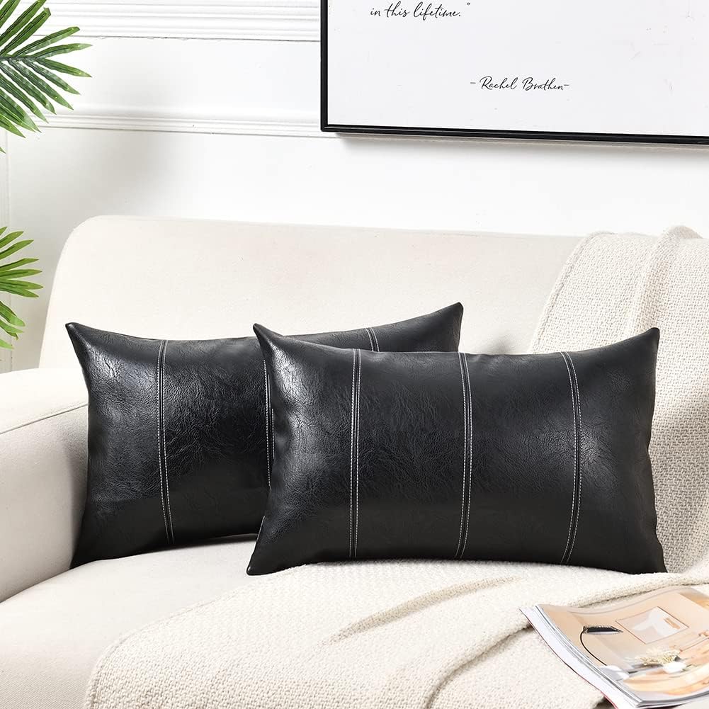 Fancy Homi Black Lumbar Faux Leather Decorative Throw Pillow Covers 12x20 Inch for Living Room Couch Bed Sofa, Boho Farmhouse Home Decor, Hand Stitched Rectangle Cushion Case 30x50 cm