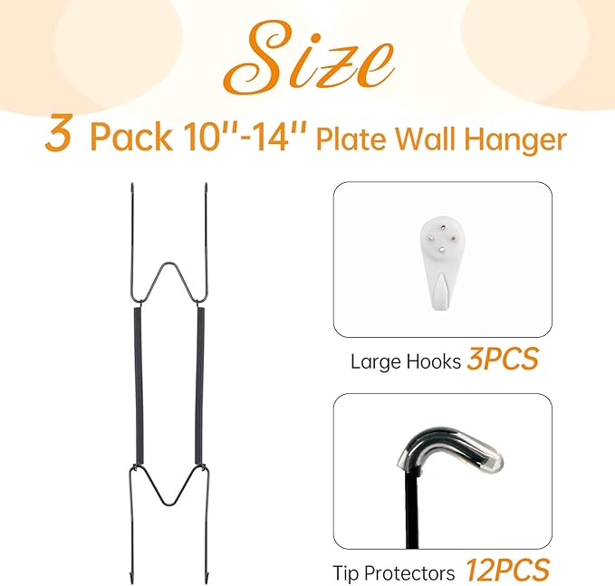3 Pack Plate Hangers for The Wall, Suitable for 10-14 inch Art Plate, Stainless Steel Invisible Heavy Duty Wire Plate Holder with Wall Hooks, Plate Hangers for Displaying Plates, Platter, Dish, Black