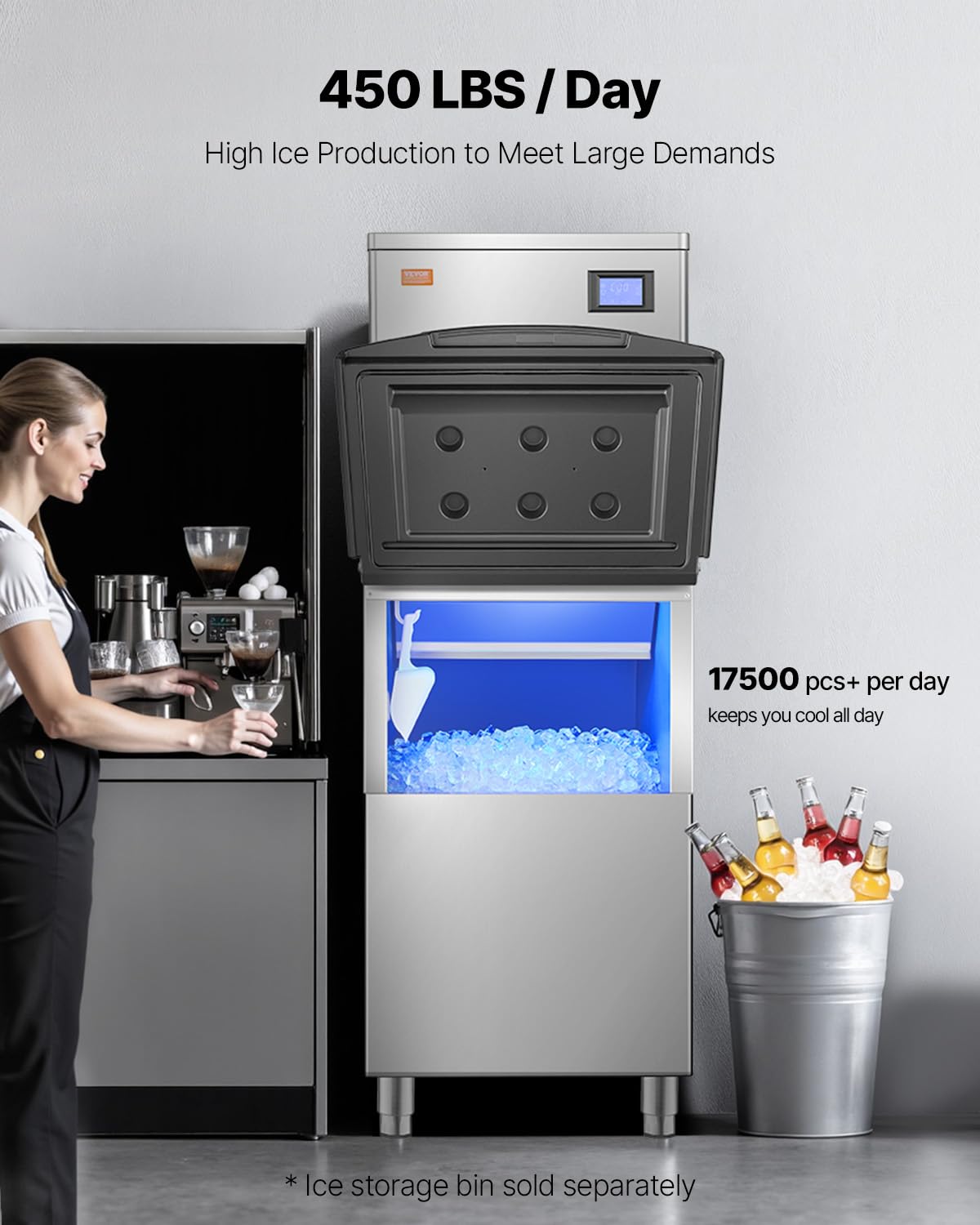 VEVOR Commercial Ice Maker Machine-Head 450 lbs/Day, 22 Inch Stainless Steel Industrial Ice Machine, Self-Cleaning and Scheduled Ice Making, Modular Ice Cube Machine for Restaurant Hotel - Head Only