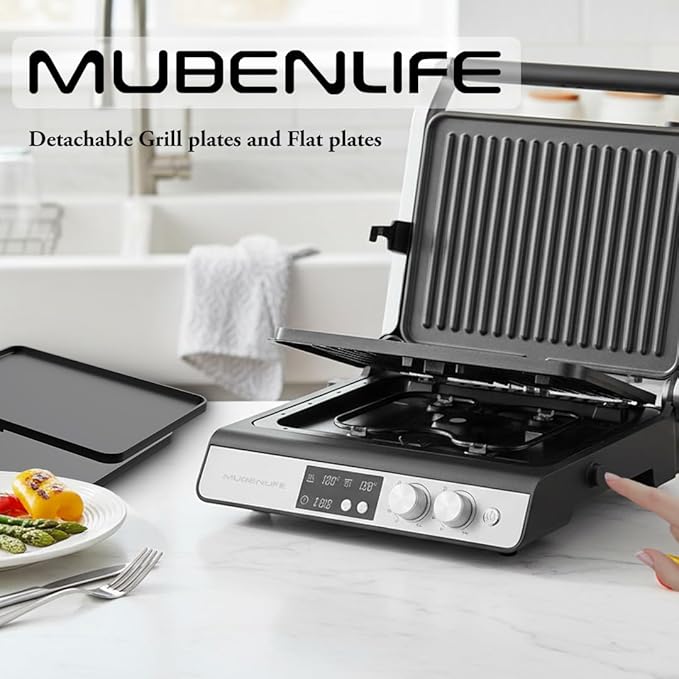 Panini Press,4 Slices Contact Grill with Removable Non-Stick Coated Grill and Flat Plates,Panini Makers with Temperature Control and Timer,Open 180 Degrees,Grill and Griddle (Silver with digital)