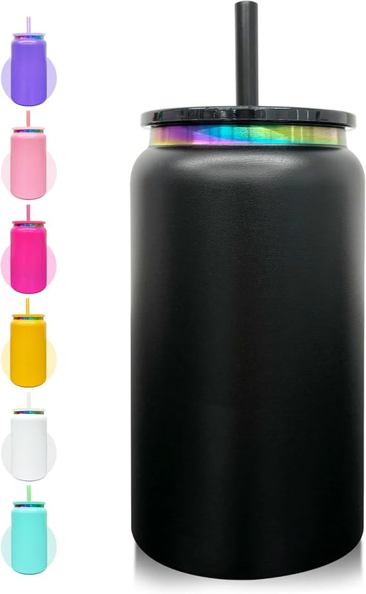 Glass Cups with Lids and Straws, 16 oz Stainless Steel Cups, Insulated Skinny Tumbler, Powder Coated Travel Mugs for Laser Engrave, Iced Coffee Cup for Smoothie Water DIY Gift (Black,1 pack)