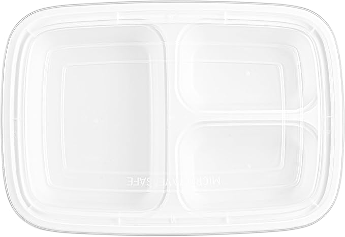 Restaurantware Asporto 26 Ounce Compartment Take Out Boxes, 100 Microwavable Meal Prep Containers - 3 Compartments, With Clear Plastic Lids, White Plastic Food Containers, Do Not Contain BPA