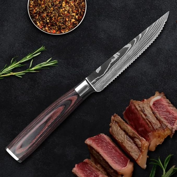 Majesty Series Professional Steak Knife Set with Damascus Pattern - Razor Sharp Serrated Stainless Steel with Wooden Handle (Set of 6 Steak Knives)