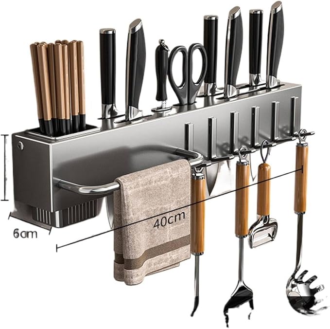 New Multi-Functional Kitchen Rack Home Wall-Mounted Knives Chopstick and Spoon Storage Rack Punch-Free cookware draining Rack, 40, Gray