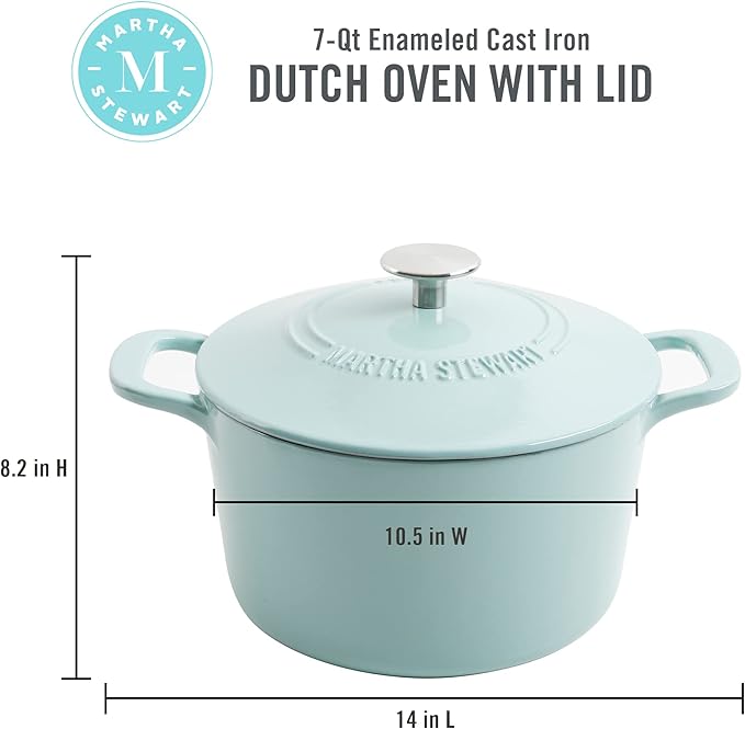 MARTHA STEWART Gatwick 7-Quart Enamel Cast Iron Dutch Oven – Martha Blue – Durable Heavy-Duty Dutch Oven for Slow Cooking, Braising & Baking