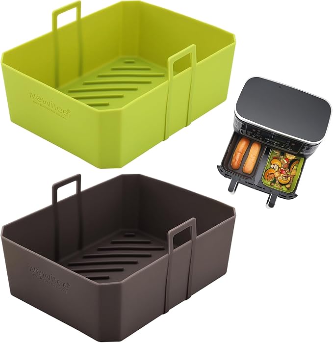 NEWITEE Air Fryer Silicone Liners 10QT For Ninja DZ550/DZ401, 2 Pack BPA Free Platinum Silicone Air Fryer Basket Liner with Handle, Rectangle Dual Basket Air Liners, Upgraded