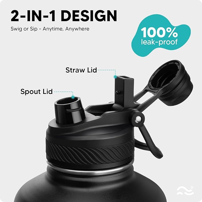Swigina [2-IN-1 LID] 64 oz Insulated Water Bottle with Silicone Boot (48hrs Cold/24hrs Hot) - DIY Stickers, Leakproof, BPA Free, Half Gallon