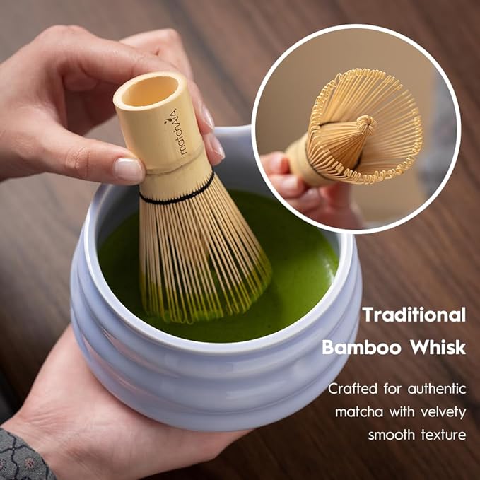 Matcha Whisk Set - Ceramic Bowl, Bamboo Whisk with Holder, Storage Canister, Sifter, Schima Spoon with Rest, Tea Towel - 8 Pcs Complete Kit for Traditional Matcha and Modern Lattes (Purple)