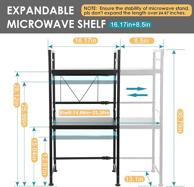 DOLALIKE Expandable Microwave Rack, Countertop Kitchen Utensils Tableware Storage, Carbon Steel 3 Tier Shelf with 3 Hooks
