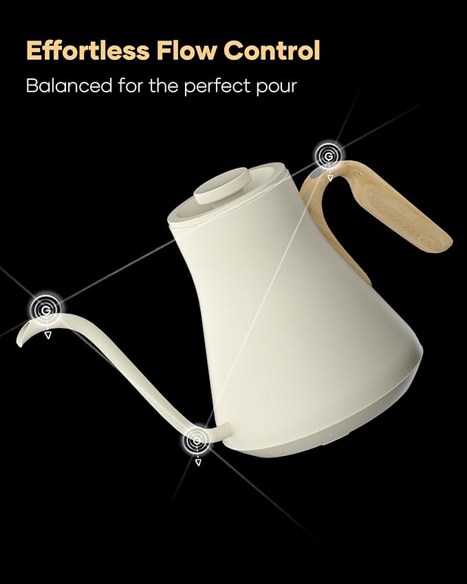Cocinare Barista Collection Gooseneck Electric Kettle, ±1℉ Precise Temperature Control for Pour-Over Coffee & Tea, Quick Heating 1500W, Stainless Steel Interior, 0.9L (White Maple)
