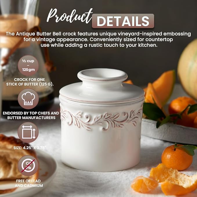 Butter Bell - The Original Butter Bell crock by L Tremain, a Countertop French Ceramic Butter Dish Keeper for Spreadable Butter, Antique Collection, White Linen