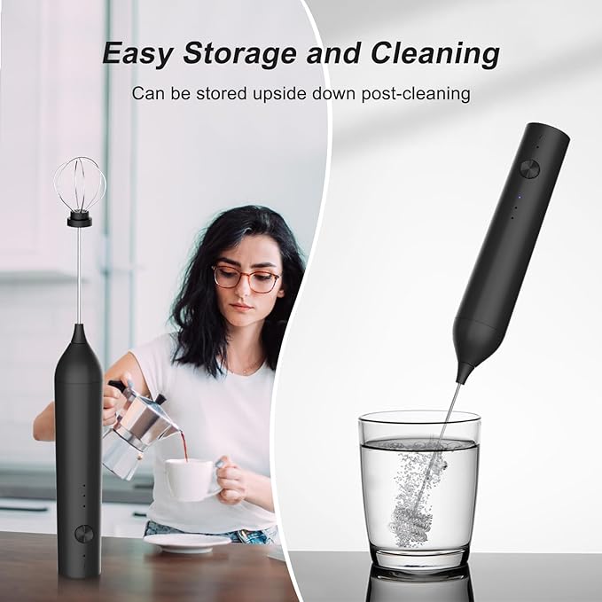Rechargeable Milk Frother by ELMWAY, 3 Speed Electric Milk Frother Handled with Wand and Egg Whisk Attachments, for Coffee, Matcha and Protein Powder (Black without Stand)