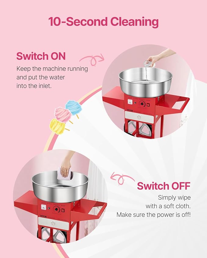 VEVOR Electric Cotton Candy Machine with Cart, 1000W Commercial Candy Floss Maker with 20.5 in Stainless Steel Bowl, Sugar Scoop, and Drawer, Easy to Use, for Home, Kids Birthday, Family Party, Red