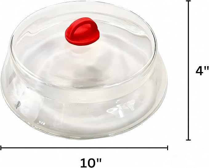 10 Inch Microwave Tempered Borosilicate Glass Plate Cover with Red Easy-Grip Silicone Handle - Unvented to Steam Food -Microwaveable/Oven/Stove Safe - Red Silicone Handle for Safe Easy Grip