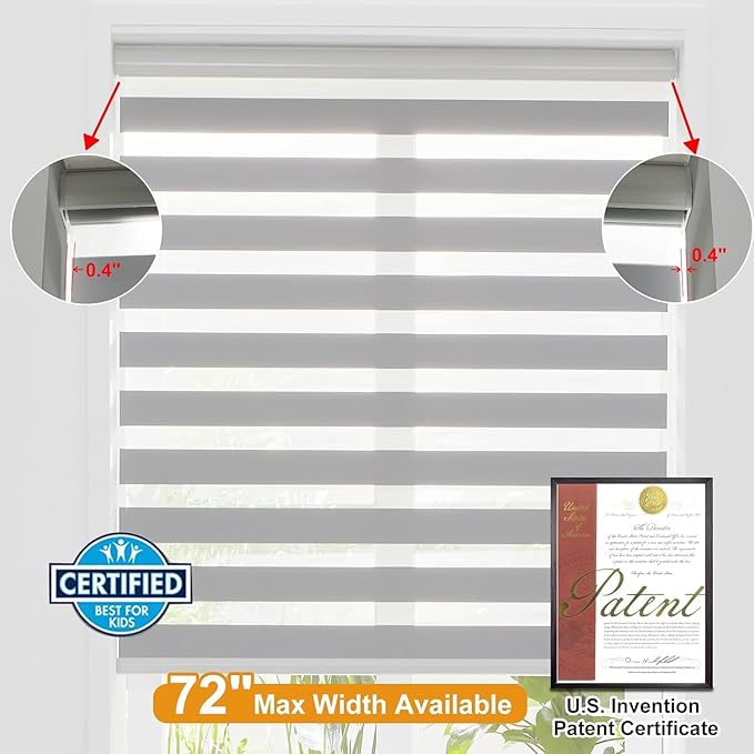 Persilux Cordless Zebra Blinds for Windows (35" W X 72" H, Grey) Free-Stop Dual Layer Roller Windows Shades for Day and Night, Light Filtering Sheer Shades for Home, Easy to Install