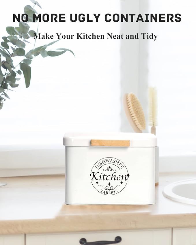 Dishwasher Pod Container with Hinged Lid. Farmhouse Metal Dishwaser Pods Holder for Kitchen Cabinet Organizer. Modern Kitchen Decor and Accessories. Dishwasher Detergent Tablet Storage(Cream)