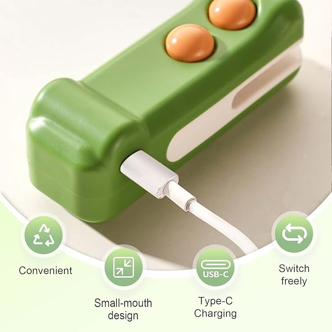 2-in-1 Mini Bag Sealer and Cutter, Rechargeable Handheld Food Storage Sealer with Magnet, Portable Crocodile Design for Chips and Snacks, Kitchen Storage Solution (Green)