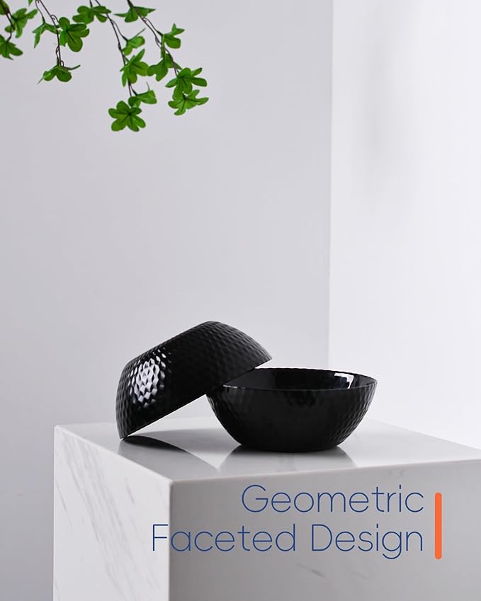 27 OZ Max Cereal Soup Bowl Set of 6, Opal Glass 7.2 inch Black Geometric Faceted Bowls for Ramen, Noodle, Salad, Fruit, Dishwasher and Microwave Safe