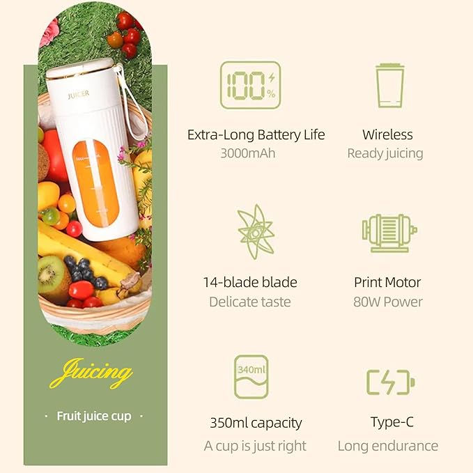 Rechargeable USB Portable Juicer Mixer, 18000 RPM 10-Blade Mini Electric Blender, 340ML Food-Grade PC Cup with Automatic Cleaning, Quick Slurry Discharge for Fresh Fruit Juice/Smoothie, Home Use