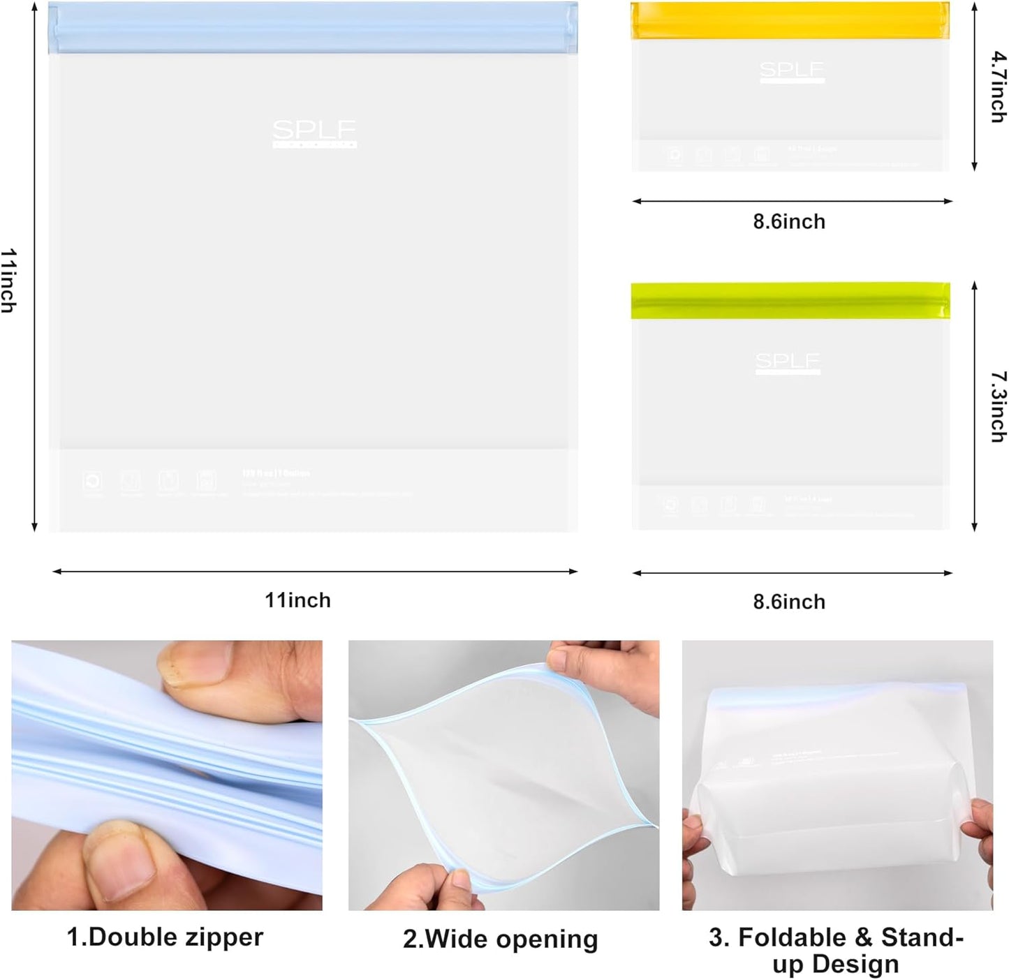 SPLF 6 Pack Stand-Up Reusable Gallon Freezer Bags Dishwasher Safe, Extra Thick 1 Gallon Leakproof Food Storage Bags, BPA and Silicone Free Freezer Bags for Meal Prep, Bread, Veggies, Home Organization