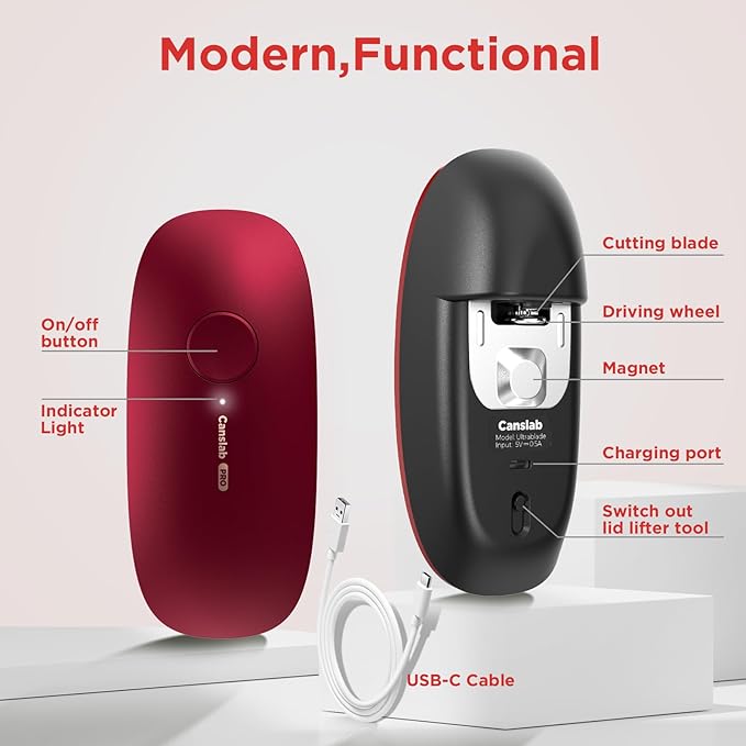 Canslab Ultrablade PRO Auto Stop Can Opener - Rechargeable Electric Can Opener for Kitchen for Seniors with Arthritis- One touch Side Cut Can Opener, Smooth Edge, Handfree, Portable Small Size, Red