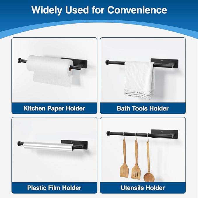 Paper Towel Holder Under Cabinet - Stainless Steel Paper Towel Holder Wall Mount, Self-Adhesive or Drilling, Matte Black Towel Rack for Kitchen Organization and Storage, Kitchen Paper Roll Holder