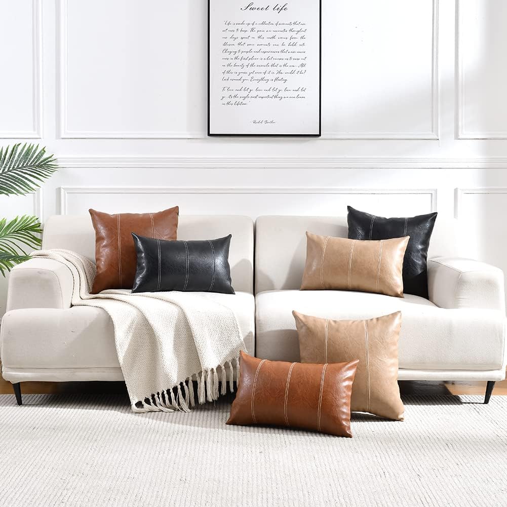 Fancy Homi Tan Long Lumbar Waterproof Faux Leather Decorative Throw Pillow Covers 14x24 Inch for Living Room Couch Bed, Beige Hand Stitched Cushion Case 35x60 cm, Taupe Modern Farmhouse Home Decor