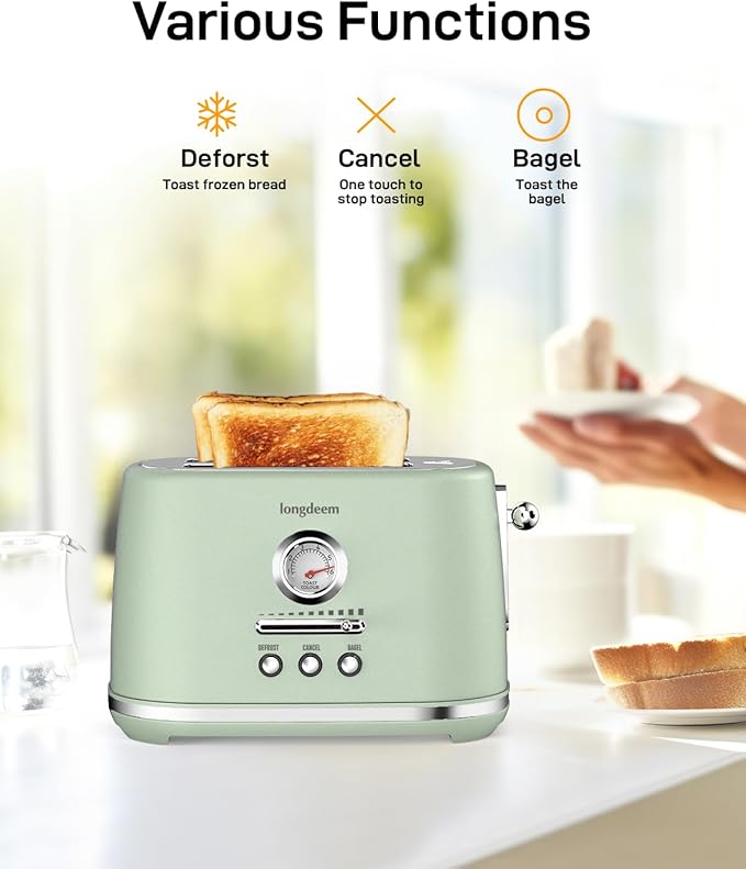 LONGDEEM Toaster 2 Slice with Extra Wide Slots & Removable Crumb Tray 6 Browning Options, Auto Shut Off & Frozen Function, Toast Fruit Bread, Bagel & Waffle, Green