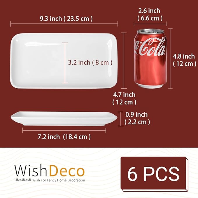 WishDeco Small Rectangle Plates Set of 6, White Serving Platters 9 inch, Ceramic Sushi Plates, Serving Plate for Appetizer, Dessert, Party, Microwave Safe