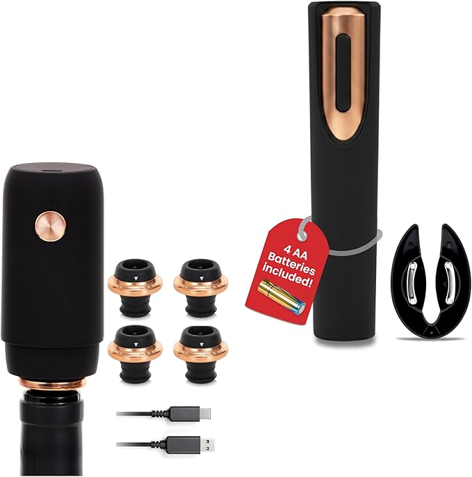 Electric Wine Opener Battery Operated and Electric Wine Preserver with Stoppers Gift Bundle Set (Black & Rose Gold)