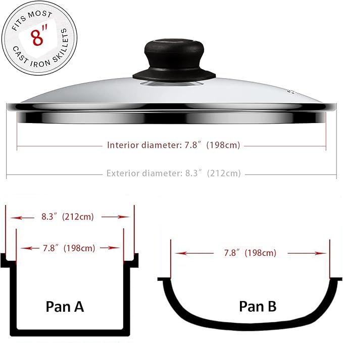 8 Inch Glass Lid for Frying Pan, Skillet, Pan Lid Fits Lodge 8 Inch Cast Iron Skillets 8"/20cm, Clear