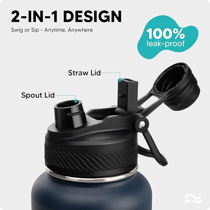Swigina [2-IN-1 LID] Insulated Water Bottle with Silicone Boot (36hrs Cold/18hrs Hot) - DIY Stickers, Leakproof, BPA Free, 40 oz