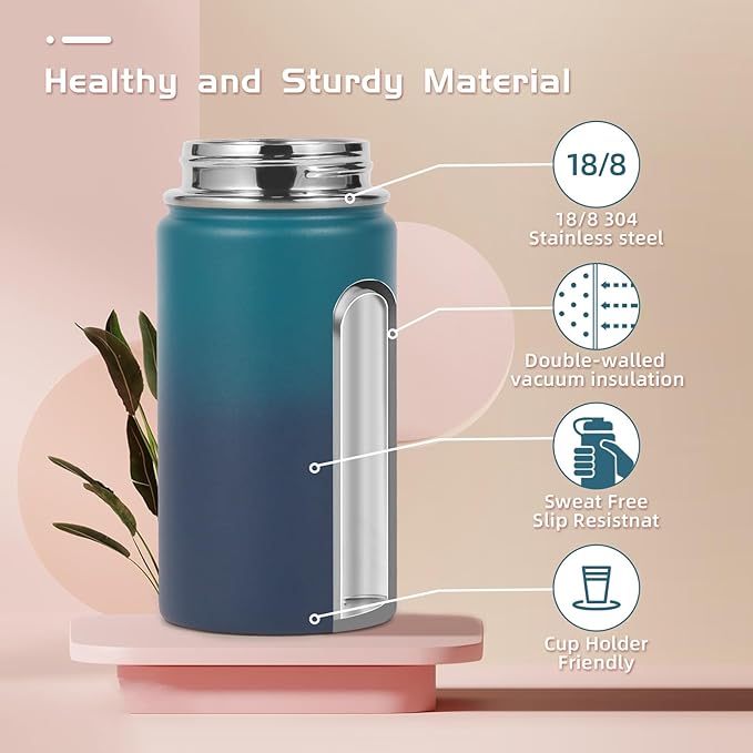 Volhoply 14oz KIds Water Bottle with Straw Lid and Silicone Boot Bulk 2 Pack,Stainless Steel Insulated Bottles for Boys & Girls Multipack,Double Wall Vacuum Leakproof Bottles(Dark Night,2)