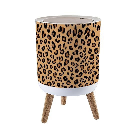 Trash Can with Lid Leopard Seamless Classic Print Skin Wild cat Fashion Press Top Round Small Garbage Bin with Wooden Legs Waste Basket for Kitchen Bedroom Nursery 7L/1.8 Gallon