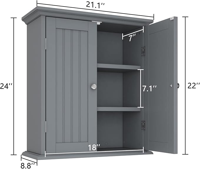 ChooChoo Bathroom Wall Cabinet, Over The Toilet Space Saver Storage Cabinet, Medicine Cabinet with 2 Door and Adjustable Shelves, Cupboard, Grey