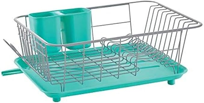 Farberware Compact Dish Drying Rack with Frost Sink Brush, Removable Drainboard and Flatware Caddy, Holds 9 Plates - Teal, Rust-Resistant for Small Kitchens