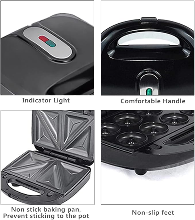 Donut Maker, 4 in 1 Electric Waffle Sandwich Machine，Panini Press Grill Iron Set with 4 interchangeable Removable Non Stick Plates，750W Detachable Dessert Toaster, Perfect for Breakfast